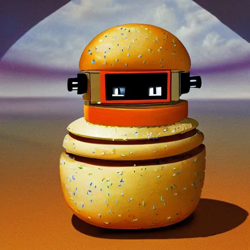 Image similar to a robot living inside a bread sandwish seen from outside, hyper detailed,