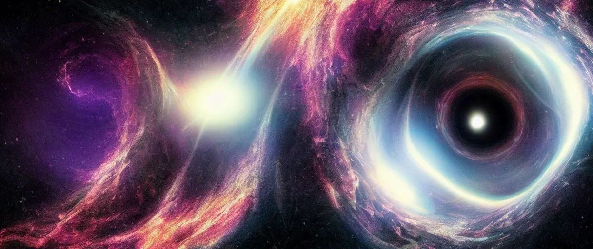 Image similar to realistic photo of one black hole in space, sacred geometry, volumetric, particles, physical, translucence, cinematic lighting, iridescence