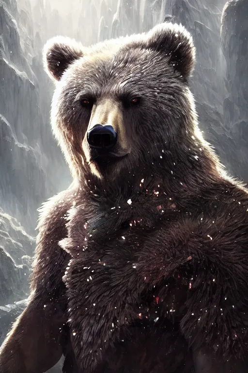 Image similar to a portrait of a crystalized bear god by Greg Rutkowski, Sung Choi, Mitchell Mohrhauser, Maciej Kuciara, Johnson Ting, Maxim Verehin, Peter Konig, final fantasy , mythical, 8k photorealistic, cinematic lighting, HD, high details, atmospheric,