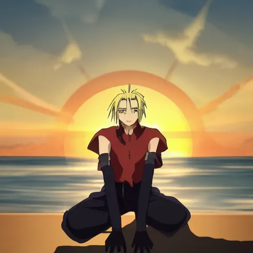 Prompt: edward from fullmetal alchemist sitting on the beach with the sun setting in the background