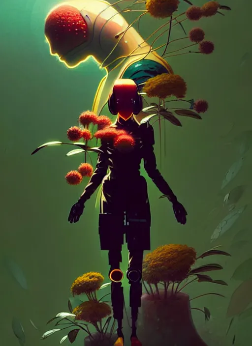 Image similar to illustrated by satoshi kon and greg rutkowski, a cyborg in some plants with flowers and berries for a face, 7 0's vintage sci - fi flat surreal design