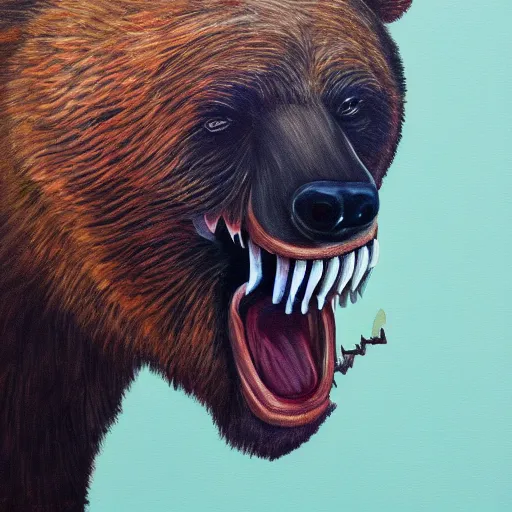 Prompt: painting of close up of bear with and open mouth 3 ribs in between its teeth, frightening, disturbing, trending on artstation