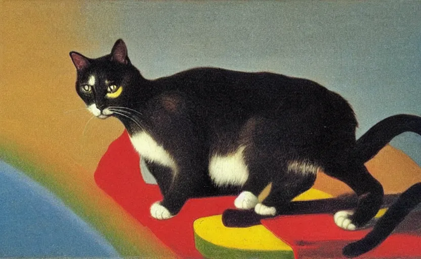 Image similar to a cat walking on a rainbow in the style of Caravaggio