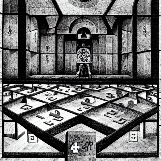 Prompt: holy dice in the clouds, on the ground are people dressed in fantasy armor, kneeling in prayer mc escher