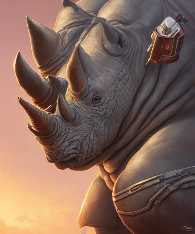 Image similar to A beautiful portrait of an anthropomorphic rhino wearing paladin armor, character design, by Pixar style by Tristan Eaton_Stanley Artgerm and blizzard studios and Tom Bagshaw, hyper realism, high detail, trending on artstation, unreal engine 5, Lumen, 8k, 38mm photography