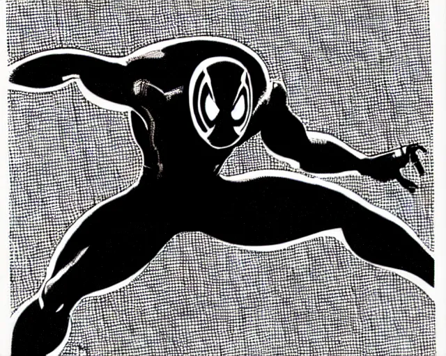 Image similar to photorealistic sketch of black spider - man with gold webbing by steve ditko