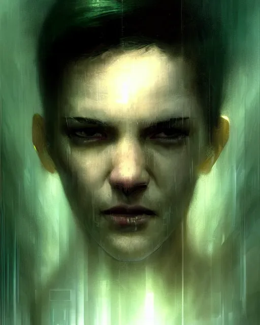 Image similar to battle hardened, overpowering, pragmatic, charismatic character from the matrix, face centered portrait, confident, ruined cityscape, sterile minimalistic room, architecture, fog, volumetric lighting, illustration, perfectly shaded, greenish tinge, cold lights soft painting, art by krenz cushart and wenjun lin