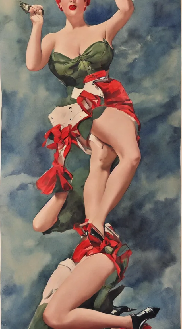 Image similar to a portrait full body pin up post war dressing a military unioform,water color, Gil Elvgren style