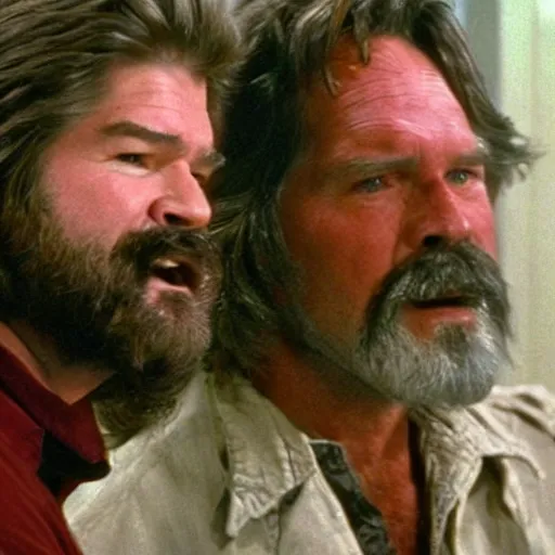 Prompt: a hyper detailed film movie like photograph closeup of Kurt Russel with beard and mustache looking frightened at a clone of himself from the 1982 film The Thing in the style of John Carpenter