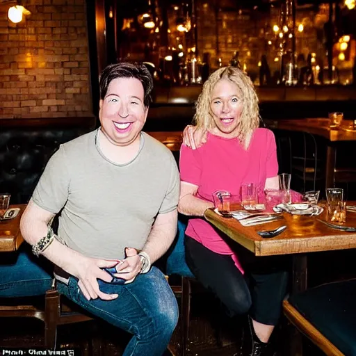 Image similar to portait of michael mcintyre and middle aged blonde woman with short hair and a blonde woman with long hair having dinner at sunday in brooklyn restaurant, photo