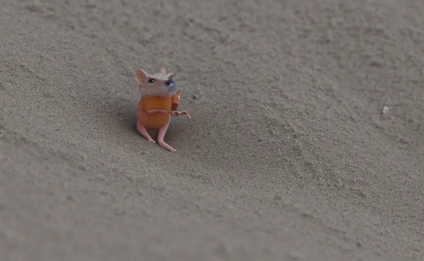 Prompt: on the dune of arrakis we see a close up of a tiny fremen desert mouse character steering a giant sandworm, blender animation, macro focus, hero shot and dramatic angles,