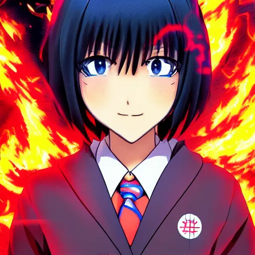 Prompt: Portrait of a Japanese schoolgirl with short hair in school uniform causing flames in a moment of rage with GUNDAM on background, ultra detailed, artstation, 8k, photorealistic, digital anime art.