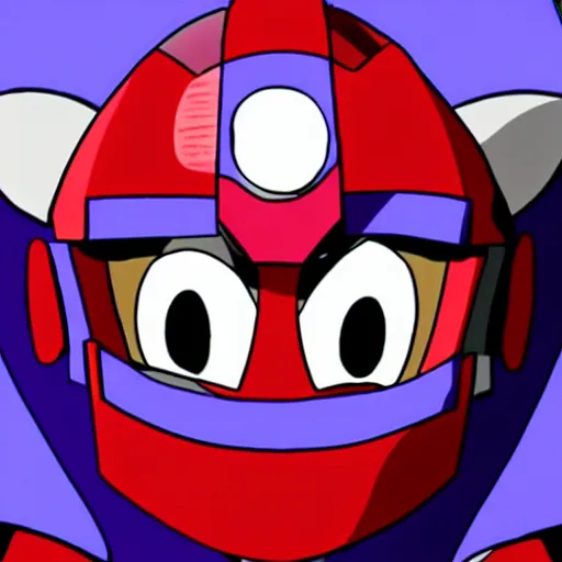 Image similar to evil megaman grinning, red eyes and purple armour