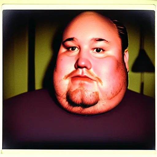 Image similar to color polaroid portrait of a fat man as taken by andy warhol. photography, instant photography, color accurate, photographer, film, integral print, studio. no marilyn monroe, no paint.