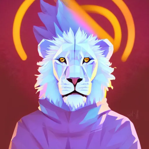 Image similar to aesthetic albino lion fursona portrait, commission of a anthropomorphic lion on fire, fursona wearing vaporwave stylish clothes, winter armosphere, pastel simple art, low poly