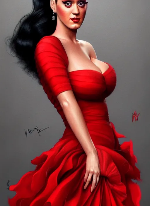 Prompt: portrait of katy perry in a red dress, intricate, elegant, highly detailed, digital painting, artstation, concept art, smooth, sharp focus, illustration, photorealistic art by wlop, mars ravelo and greg rutkowski