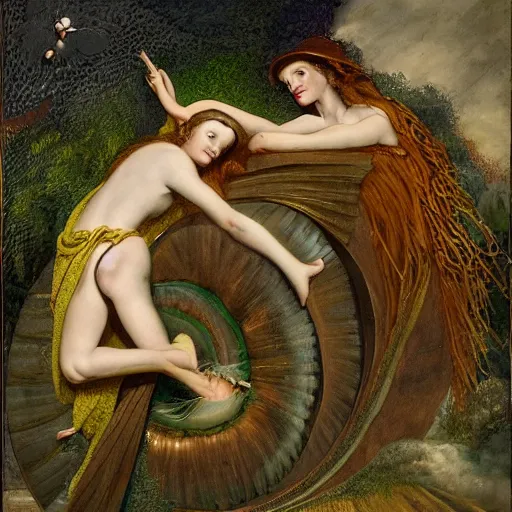 Image similar to angels in a spiral against the sky in the style of Richard Dadd painting