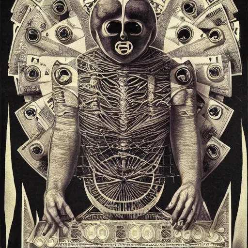 Prompt: new age album cover, asymmetrical design, contains no faces, highly detailed, dollar bank notes, capitalism, magic, apocalypse, psychedelic poster, black white pastel pink, slightly holographic, magic, giger h. r., giuseppe arcimboldo, peder balke