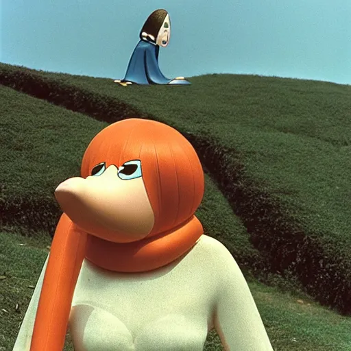 Image similar to sad woman with an inflatable nose, long snout, in the hillside, 1974 fellini, archival footage, technicolor film