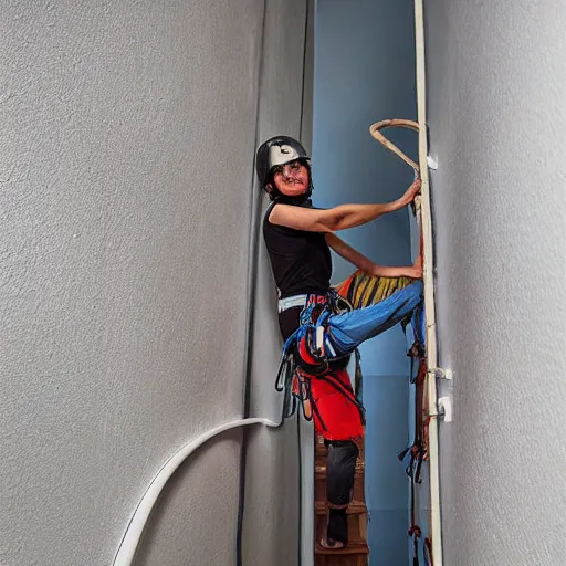 Image similar to A climbing expedition climbing the stairs of a regular apartment building. They are using ropes, pickaxes and other professional climbing gear in order to climb the stairs. Photograph, f/8, room lighting, indoor