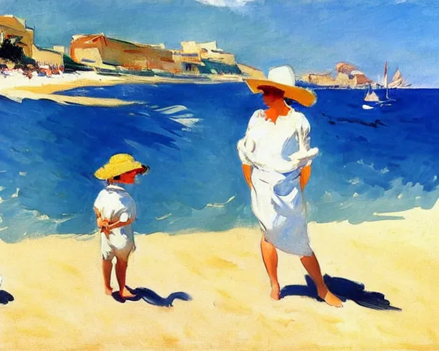 Image similar to a couple and a girl toddler on a beach in sardinia looking at a sailing boat, the man is wearing a panama hat, the woman has long dark hair, white sand, blue sky, summer, white and blue, painting by joaquin sorolla