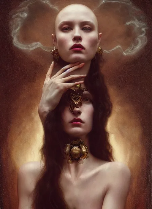 Prompt: highly detailed oil painting | very intricate | cinematic lighting | award - winning | occult magick fashion by alexander mcqueen | by roberto ferri, by tom bagshaw, by j. c. leyendecker and klimt, american romanticism, by austin osman spare, artstation, cgsociety, official art, octane