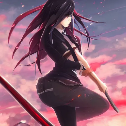 Prompt: advanced digital anime art, girl with silver and red eyes with long black hair wielding a katana , painted by RossDraws in the style of Makoto Shinkai, ,cyberpunk, very high detail, medium sensor , Gaussian blur, f/15 , 35mm —W 1920 —H 1080