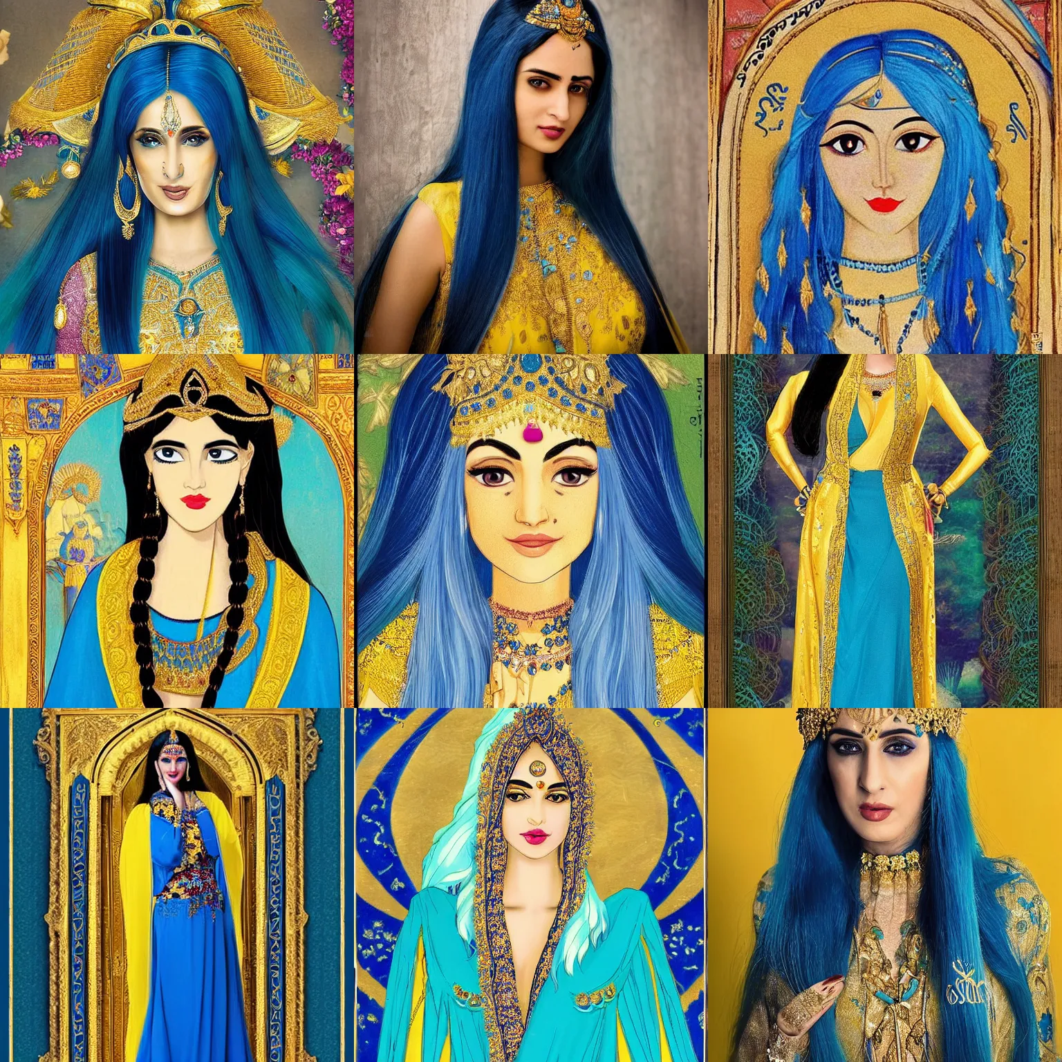 Prompt: Sona is a slender, pale-skinned woman with long blue hair and yellow at the ends. Her robes is a long, elegant gown with a distinctive palette of blue, dark blue, turquoise and gold. The most characteristic ornaments of her attire are the golden diadem on her head between her hair.