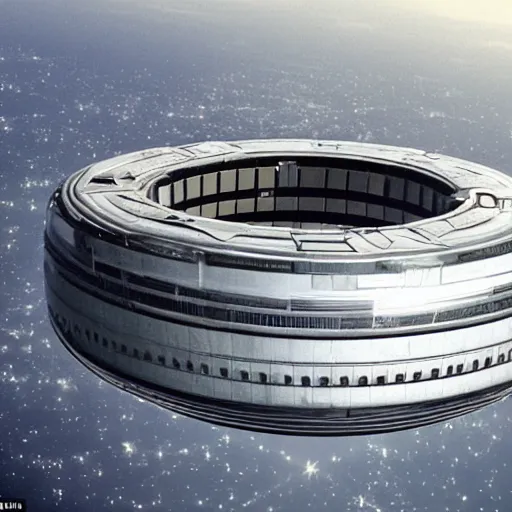 Image similar to a giant ring-shaped space station encircling a modern city floating above the city, the ring is horizontal, surrounding the city, cinematic