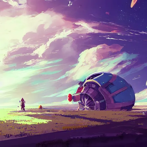 Image similar to a spaceship crashed into a foreign planet. The spaceship is buried in the ground. anime clouds. in the style of digital art, artstation trending, rossdraws, breath of the wild, Makoto Shinkai, ghibli