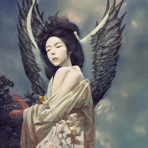 Prompt: highly detailed japanese watercolor painting of an angel in flight, intricate, elegant, digital painting, artstation, in the style of kehinde wiley, krenz cushart, artem demura