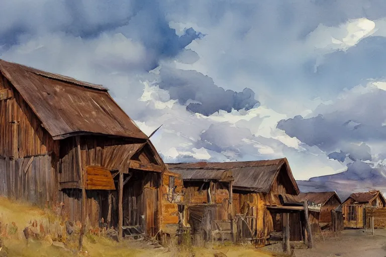 Prompt: paint brush strokes, abstract watercolor painting of american frontier western viking town, straw roof, daylight rays, cinematic light, american romanticism by hans dahl, by jesper ejsing, by anders zorn, by greg rutkowski, by greg manchess, by tyler edlin