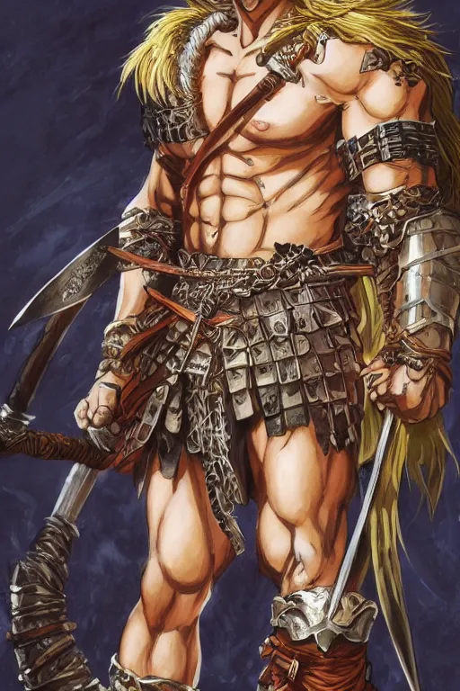 Image similar to A realistic anime portrait of a young handsome male barbarian with long wild hair, intricate fantasy spear, plated armor, vivid colors, colored, D&D, dungeons and dragons, tabletop role playing game, rpg, jrpg, digital painting, by Frank Frazetta and Yusuke Murata, concept art, highly detailed, promotional art, HD, digtial painting, trending on ArtStation, golden ratio, rule of thirds, SFW version