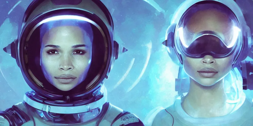 Image similar to Zoe Kravitz with short hair as a techpunk astronaut, helmet with led lights, underwater in the ocean at night, clear water, volumetric lighting, glowing lights, 4k, octane, digital painting, artstation, concept art, cinematic film, sharp focus, illustration, art by artgerm and greg rutkowski and alphonse mucha , wide angle view,