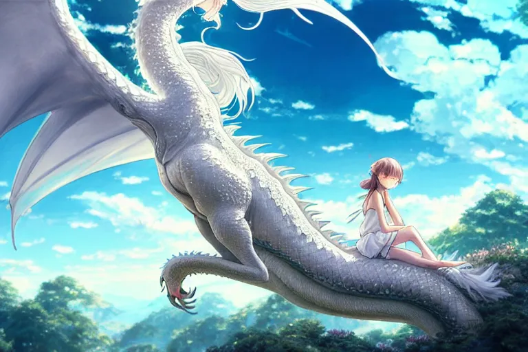 Image similar to the beautiful hyper detailed big scene render that a beautiful girl sitting on the back of a huge silver white dragon alone in fairyland surrounded by white clouds, finely detailed angelic face delicate features, style of studio ghibli, makoto shinkai, artgerm, karol bak, kazuki tanahashi, james jean, ross tran, xision, ultra wide angle