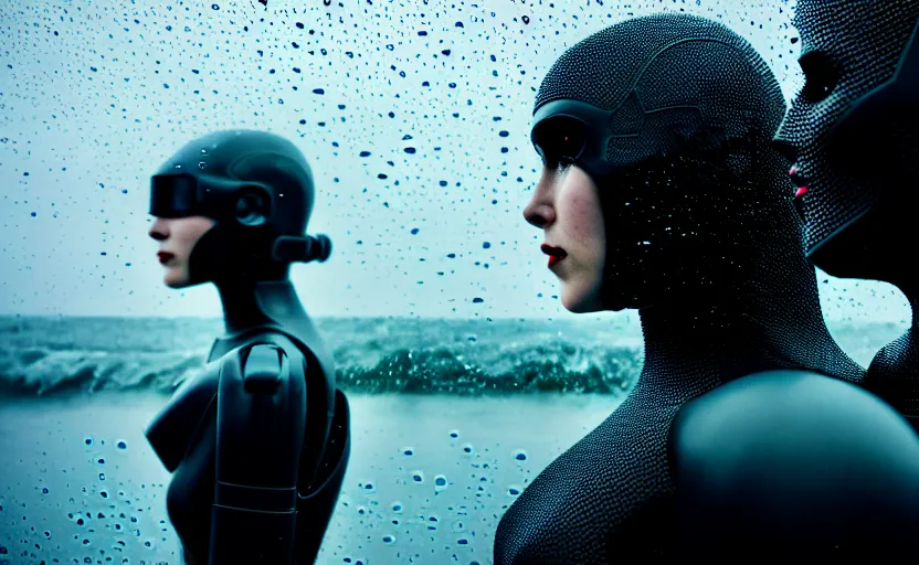 Image similar to cinestill 5 0 d candid action photographic portrait by christopher nolan of two loving female androids wearing rugged black mesh techwear in treacherous waters, extreme closeup, modern cyberpunk retrofuturism moody emotional cinematic, pouring iridescent rain, 8 k, hd, high resolution, 3 5 mm, f / 3 2, motion blur, ultra realistic faces, ex machina