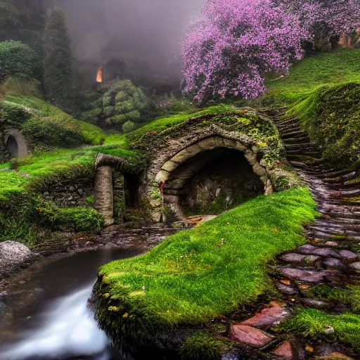 Image similar to spring festival at medieval hobbit village, ornate, beautiful, atmosphere, vibe, mist, smoke, fire, chimney, rain, wet, pristine, puddles, waterfall, melting, dripping, snow, creek, moss, ice, bridge, lightning, cobble, rainforest, roses, flowers, color page, 4 k, contest winner