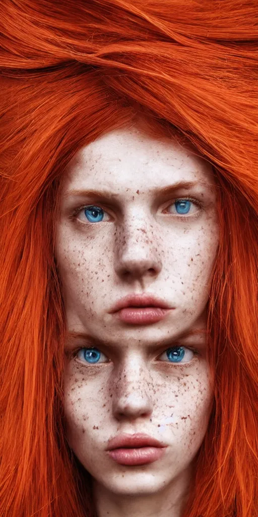 Image similar to dream symmetrical portrait of a woman , close-up, high sharpness, zeiss lens, fashion photo shoot, flowers, red hair, freckles, Annie Leibovitz and Steve McCurry, David Lazar, Jimmy Nelsson, artistic, hyper-realistic, beautiful face, octane rendering