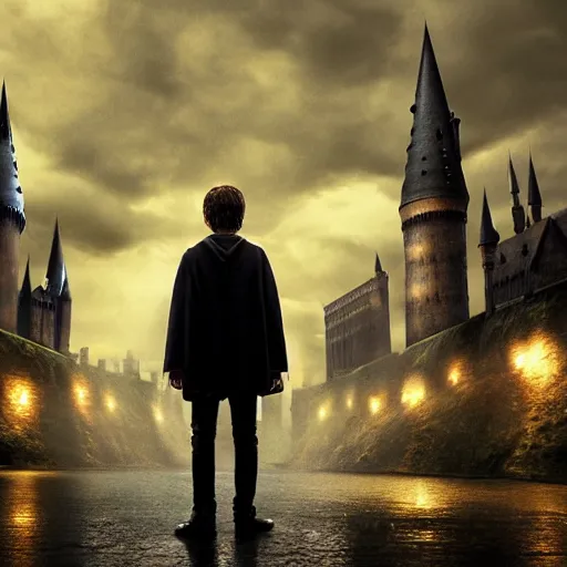 Image similar to Harry potter standing and holding a short wand, yellow light spell, side view, daniel radcliffe, thunderclouds, cinematic shot, wide shot, epic scale, photorealistic detail and quality, intricate cobblestone, magical particle effects, movie still, nighttime, crescent moon, sharp and clear, action shot, intense scene, visually coherent, symmetry, rule of thirds, movement, photorealistic colors, cool colors transitioning to warm colors, modest tone, award winning, directed by Steven Spielberg, Christopher Nolan, Tooth Wu, Asher Duran, artstation