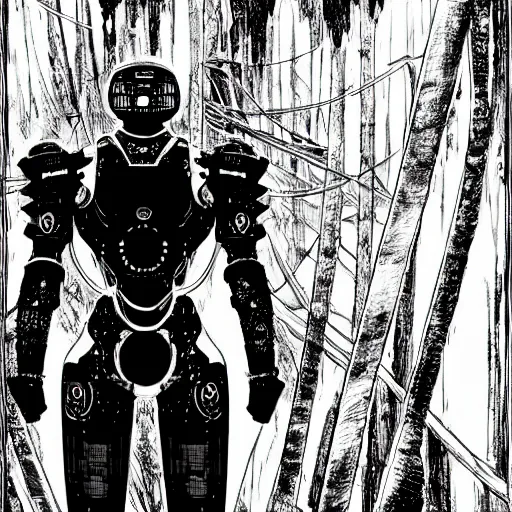 Prompt: a vertical portrait of a manga character in a scenic environment by nihei tsutomu, black and white, cybernetic armor, highly detailed