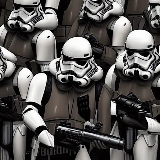 Prompt: 5 foot 1 0 fit man with short black beard and medium black well styled hair and 5 foot 7 woman with medium long dirty blonde hair with slightly wavy tendrils surrounding the face being captured by stormtroopers, highly detailed, high definition, ultra realistic