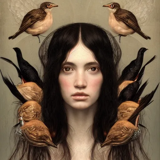 Prompt: highly detailed ilustration of a beautiful cute girl with birds, endless black hair, with pale skin, by nicola samuri, by dino valls, by m. w. kaluta, rule of thirds, seductive look, 4 k resolution