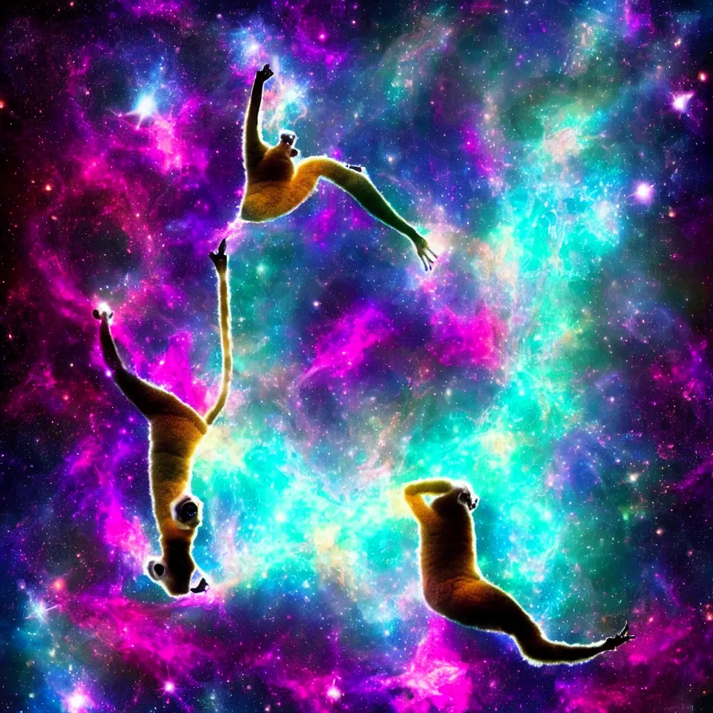 Prompt: lemur in inspiring yoga pose in cosmic space with nebula and stars, breathtaking abstract digital art, award winning