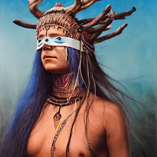Image similar to A young blindfolded shaman woman with a decorated headband from which blood flows, in the style of heilung, blue hair and wood on her head. The background is a forest on fire, made by Esao Andrews and Karol Bak and Zdzislaw Beksinski,