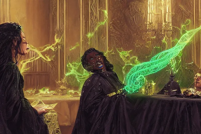 Prompt: a beautiful sorceress wearing a black robe with gold embroidery, sitting at table, casting a spell, green glows, painted by donato giancola, in the style of magic the gathering, perfect face, highly detailed digital art