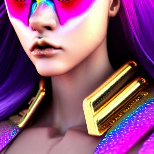 Prompt: hyperdetailed close portrait of a stunningly beautiful cyberpunk venus girl androgynous wizard made of iridescent metals and shiny pink gems, bright rainbow nimbus, gold necklace, gold background inspired by ross tran and masamune shirow and kuvshinov, concept art, intricate, photorealistic, octane render, rtx, hdr, unreal engine, dnd digital art by artgerm