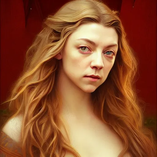 Prompt: beautiful striking Pre-Raphaelite Natalie Dormer by Artgerm and Greg Rutkowski, pale, intricate, elegant, highly detailed, digital painting