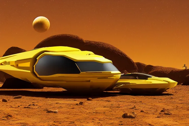 Image similar to a yellow african futuristic spaceship on a desert planet, science - fiction, matte painting