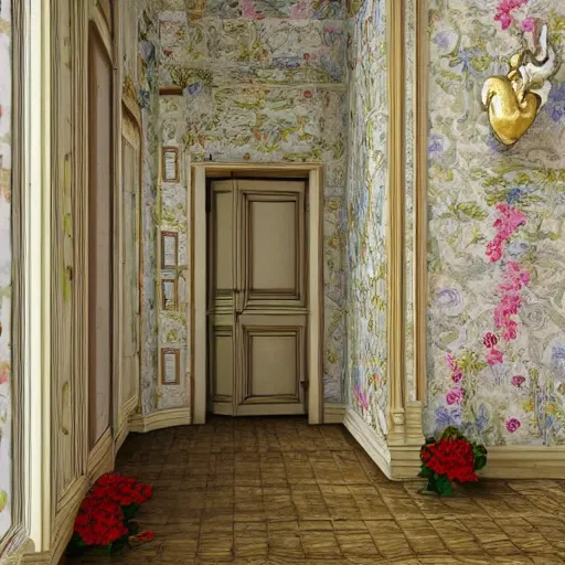 Image similar to interior art nouveau french appartment, white wood wall in background, flowers all over wall, albert bierstadt, photorealism, 8 k, detailed, clean