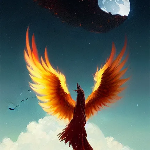 Image similar to phoenix flying in front of the moon, glowing light, fire, oil painting by greg rutkowski, 8 k